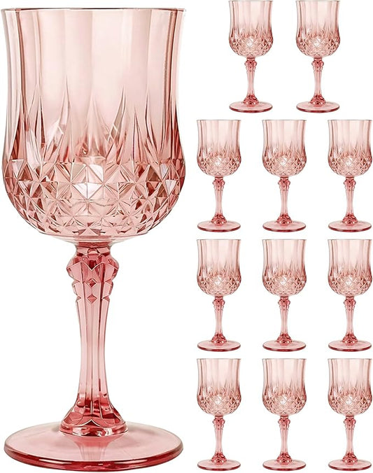 Plastic Wine Glasses Set, 7oz Vintage Goblets Shatterproof Unbreakable Reusable & Disposable, Drinking Glasses with Stem, for Wedding Outdoor Dinner Easter Party (12pcs, Rose Gold)