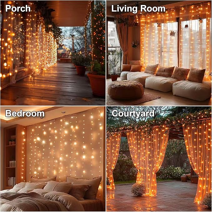 HXWEIYE 300LED Fairy Curtain Lights, 9.8x9.8Ft USB Plug-in 8 Modes Christmas String Hanging Lights with Remote for Bedroom Backdrop Wedding Indoor Wall Decor, Orange, Standard – 1 Pack