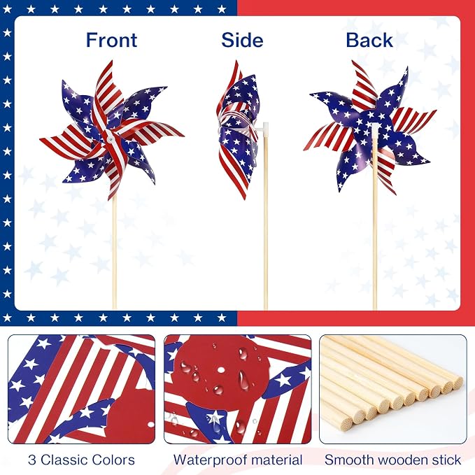 HOOSUN American Flags Patriotic Pinwheels,24 Pack 4th of July Decorations Small USA Flags On Stick With Fourth of July Pinwheels,Red White And Blue Memorial Day Decorations Patriotic Party Supplies