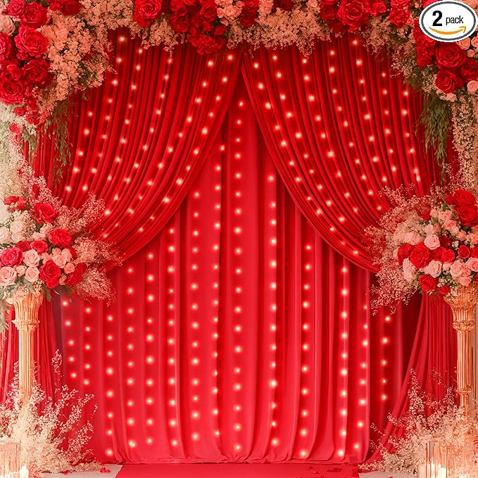 Red Backdrop Curtains with Lights for Parties,10x10FT Wrinkle Free Red Photo Backdrop Curtains for Wedding Baby Shower Birthday Ceremony Reception New Year Decorations-5ft x 10ft,2 Panels