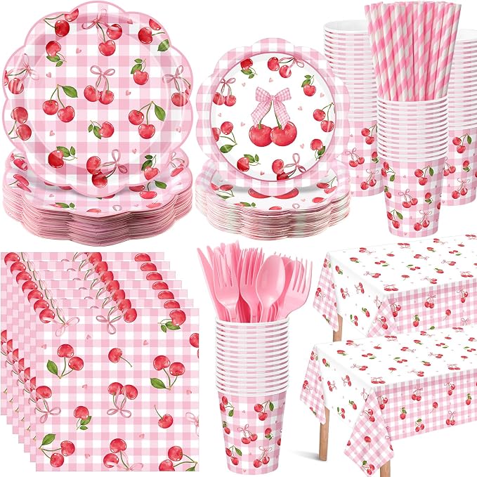LemonRoad 452 Pcs Cherry Birthday Decorations for 50, Pink Bows Paper Plates Napkins Cups Tablecloth Cutlery Straws Bowknot Disposable Tableware for Fruit Cherry Birthday Baby Shower Party Supplies