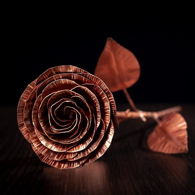 Copper Rose with Stand & Engraved Plate Happy 22nd Anniversary - Solid Copper Flower - 22 Years Wedding Anniversary Decor for Wife, Him or Her