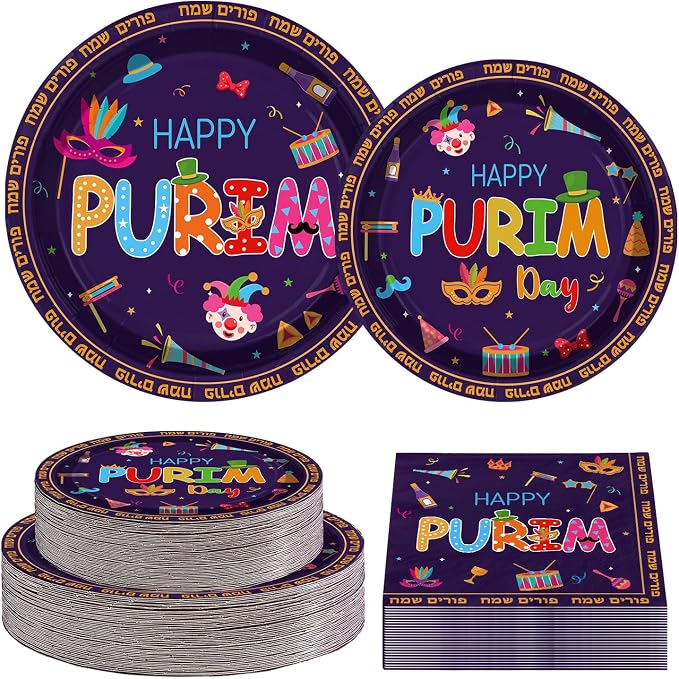 200Pcs Happy Purim Party Decoration Jewish Purim Plates and Napkins Circus Clown Hat Elements Disposable Paper Tableware Set for Jewish Carnival Holiday Festival Party Supplies Serves 50