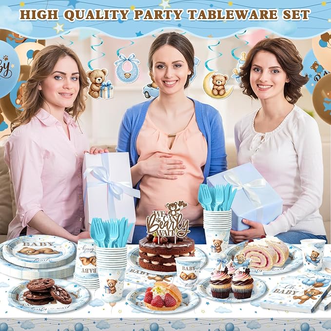 205 Pcs Blue Bear Baby Shower Decorations Boy - Serve 24, Baby Boy Party Supplies Set with Banner, Plates, Napkins, Tablecloth, Balloons, Swirls, Cake Toppers
