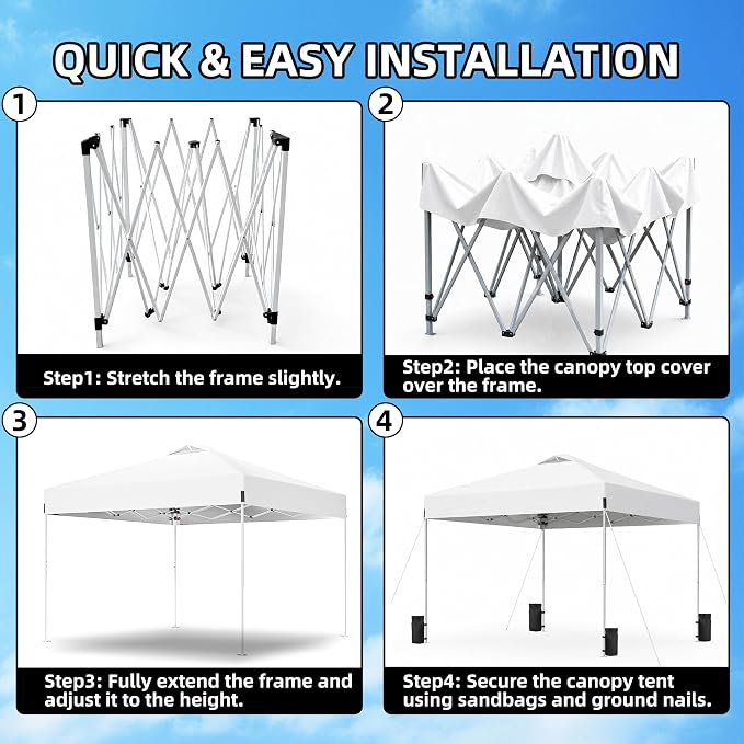 10x10 Pop Up Canopy One Push Setup Portable Heavy Duty Outdoor Beach Tent with 3 Heights & 4 Sandbags Sun Shade with Rolling Bag for Events Parties Camping, White