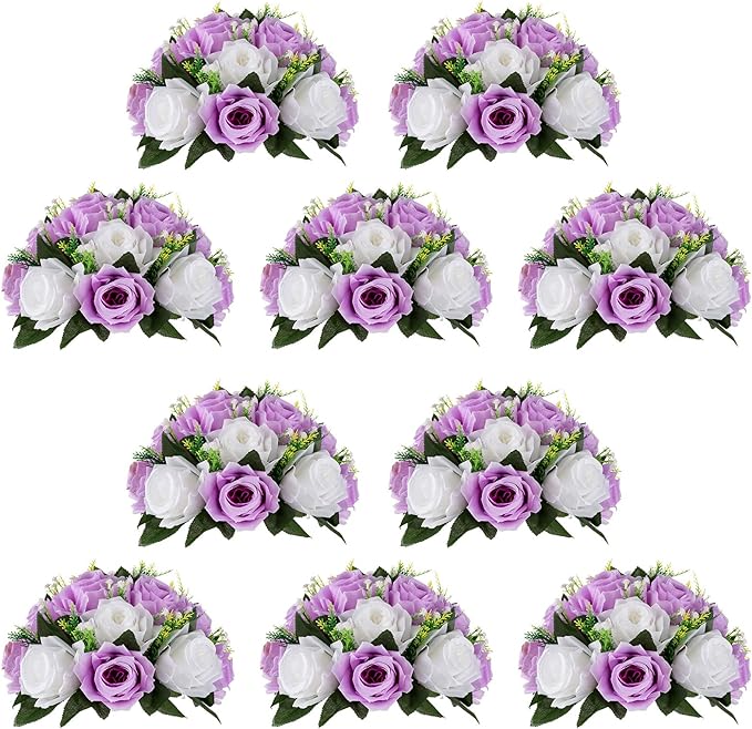 NUPTIO Flower Wedding Centrepieces for Tables - 10 Pcs 9.5in Diameter Lilac & White Artificial Flowers Rose Ball for Centerpieces Table - Fake Rose Arrangements for Weddings Birthday Party Decor | 10 Pcs Fake Silk Floral Arrangement for Women, for Wedd...