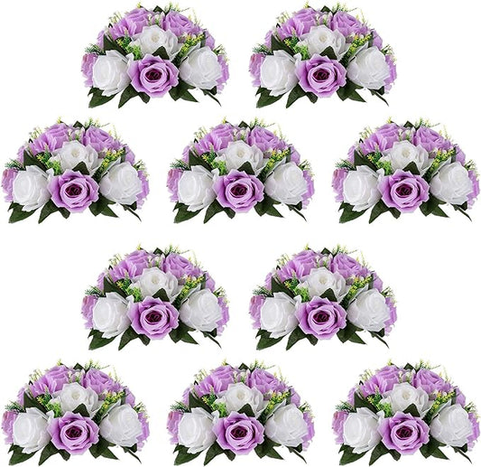 NUPTIO Flower Wedding Centrepieces for Tables - 10 Pcs 9.5in Diameter Lilac & White Artificial Flowers Rose Ball for Centerpieces Table - Fake Rose Arrangements for Weddings Birthday Party Decor | 10 Pcs Fake Silk Floral Arrangement for Women, for Wedd...