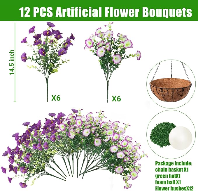 Artificial Flowers for Outdoors with Baskets Hanging Plant Faux Flowers UV Resistant Fake Silk Morning Glory with Eucalyptus for Planter Porch Garden Home Spring Summer Decoration(Gradient Purple)