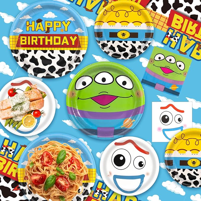 182pcs Toy Theme Party Supplies Include Cloud Plates Napkins Cups Banner Tablecloth Disposable Paper Tableware Set for Toy Birthday Party Decorations,Serve 30 Guests