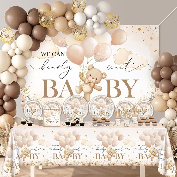 270 Pcs We Can Bearly Wait Baby Shower Decorations: Bear Baby Shower Banner Balloons Disposable Bear Themed Plates and Napkins Cups Tablecloth, Serve 24
