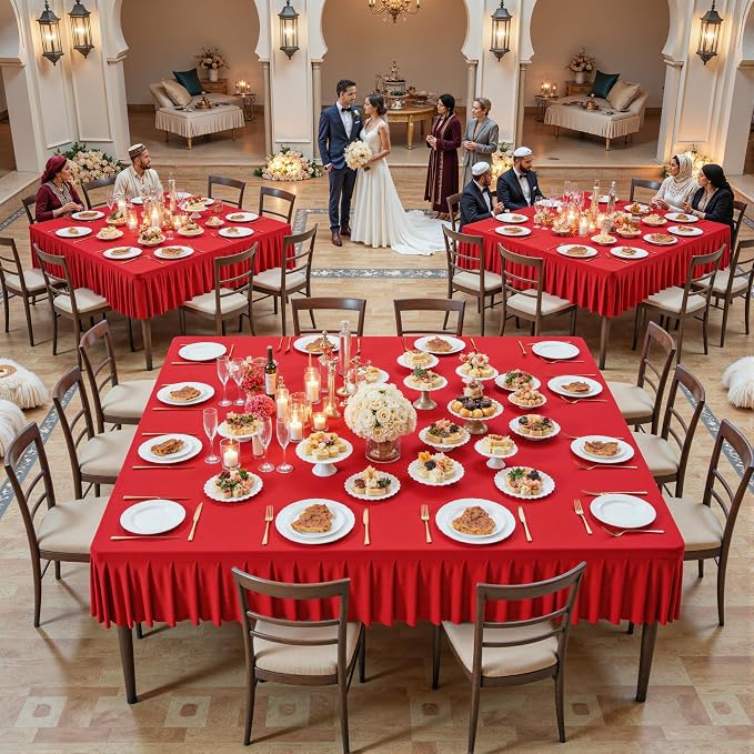 Wish Care Red Spandex Tablecloths for 60x60 Inch Square Tables, Stretch Fitted Table Clothes with Pleated Ruffle Skirt for 60” Table, Wrinkle Free and Elastic, for Party Kitchen Home Dining