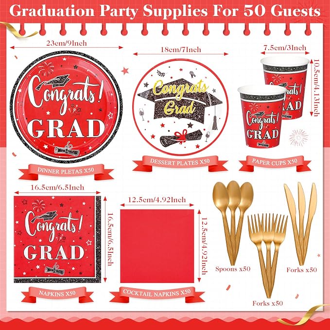 Domensi 400 Pcs 2026 Graduation Decorations Plates and Napkins and Cups Set Serve 50, Red and White Graduation Party Supplies, Class of 2026 Paper Tableware 9oz Cup Knife Fork Spoon Congrats Grad