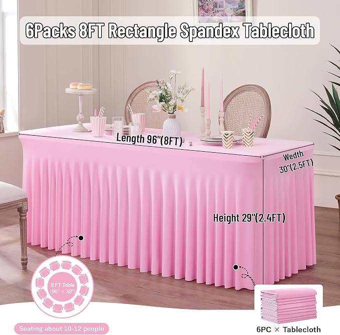 Outpain 8ft Spandex Table Cloth for Standard Folding Tables-6Pack Baby Pink Table Cloth Table Protector for Party, Wedding, Cocktail, Banquet, Festival