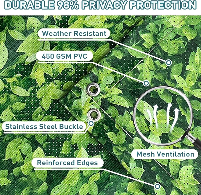 Shade&Beyond 4' X 10' Privacy Fence Screen Customized 450 GSM PVC Printed Privacy Fence with Zip Ties for Courtyards, Pools, Balconies-Green Leaves