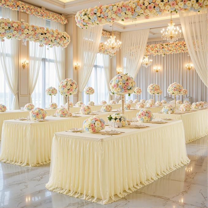 Suppromo Champagne Tulle Tablecloth for 4 Foot Rectangular Tables, 48 x 24 Inch White Rectangle Table Cloth, Wrinkle Free Table Cover with Tutu Skirt for Wedding Birthday Party Banquet Tablecover