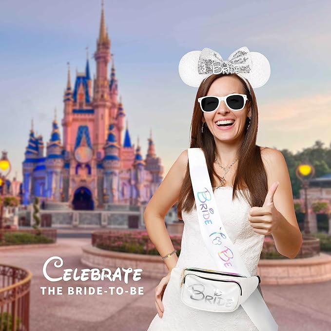 Mouse Ears Set - Bride Accessories - Bachelorette Party Favors - Bride Bachelorette Outfit Accessories to Match Bachelorette Outfit for Bride - Magic Kingdom (Iridescent/White Bride, 1)