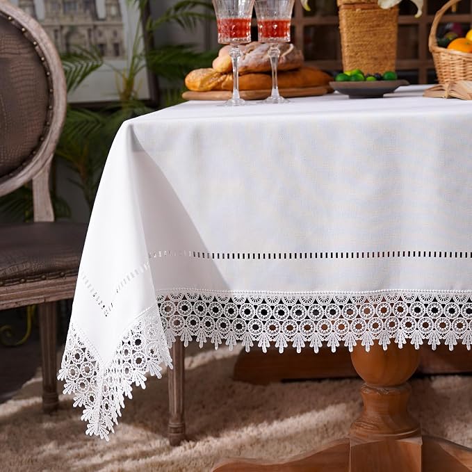 ARTABEL Cut Work Table Cloths with Lace Laser Die-Cut Exquisite Vintage Shabby Chic for Holiday Wedding Long Dinner Tables (Offwhite, 60 x 120 Inch)