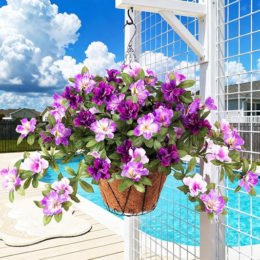 Ammyoo Artificial Hanging Flowers for Outdoors Hanging Baskets, 3 Pcs Fake Silk Flower with Hanging Baskets Planter for Spring Summer Garden Porch Patio Yard Outside Decor