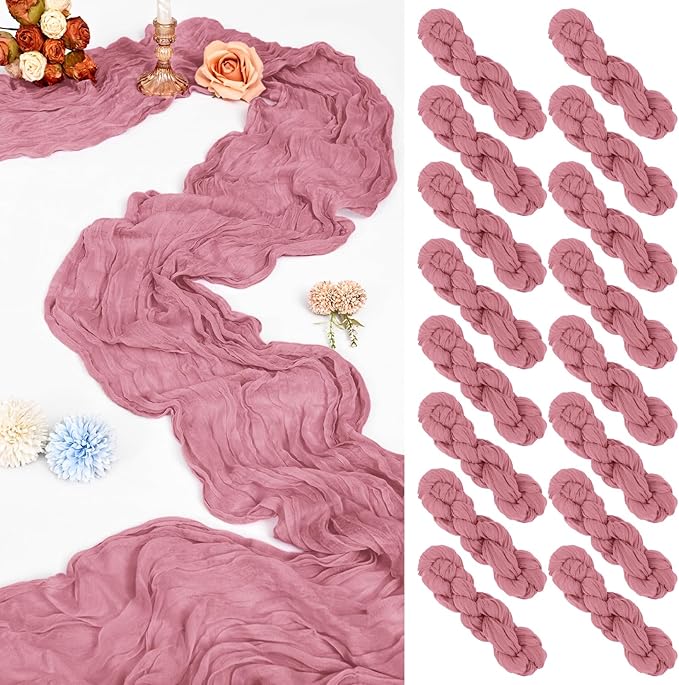 16 Pack 10Ft Cheesecloth Table Runner Dusty Rose, 20 x 120 Inch Rustic Gauze Boho Cheese Cloth Runners Wedding Long Table Runner for Wedding Party Bridal Shower Table Decoration