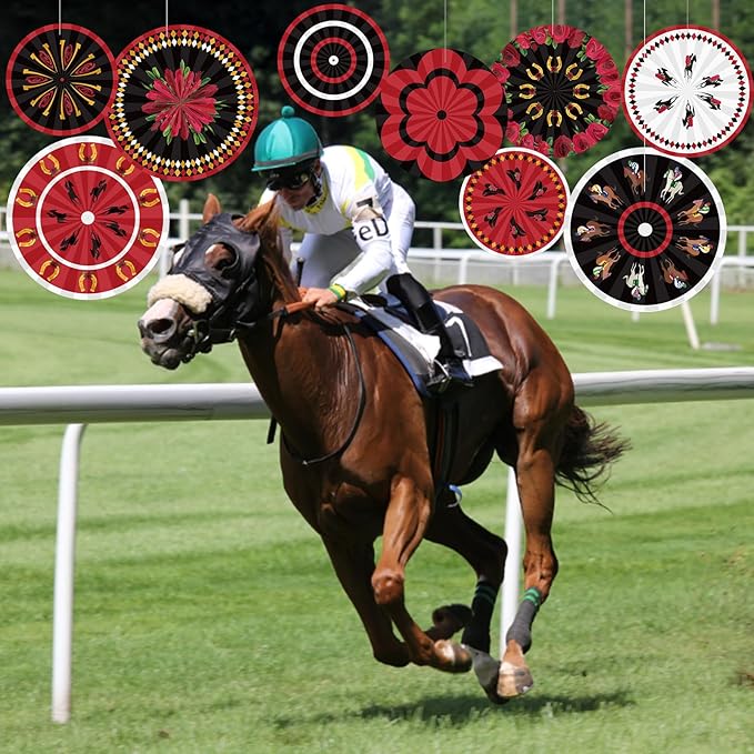 Outus 9 Pcs Horse Racing Paper Fans Derby Day Hanging Decorations Horserace Festival Party Paper Fans Hanging Ceiling Wall Decors for Racing Equestrian Themed Birthday Party Supplies