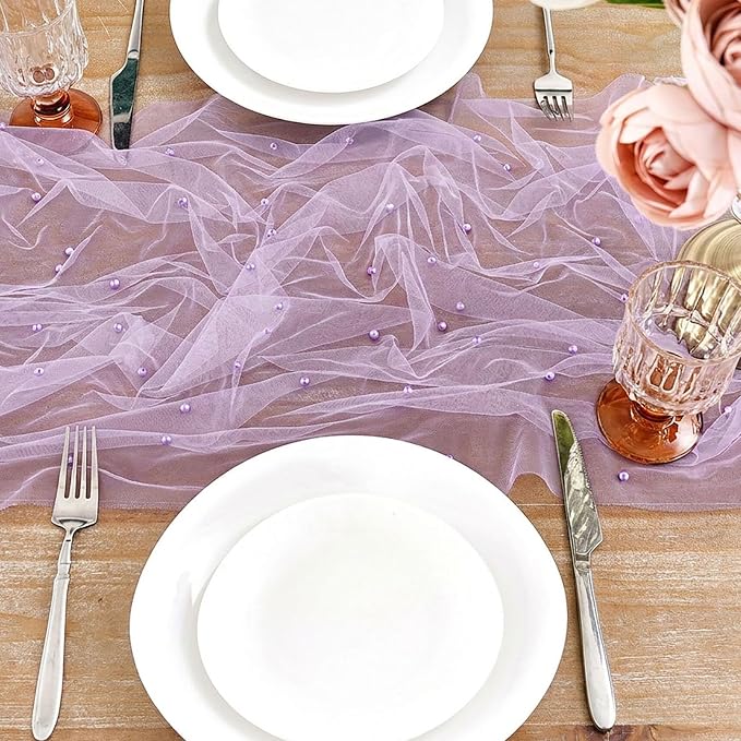 Sheer Gauze Pearl Table Runner Tulle Fabric: 10ft Seasonal Dessert Chiffon Pearl Lace Boho Overlay Wedding Veil Outdoor Wedding Aisle Runner Party Decorations Doilies Grayish Purple