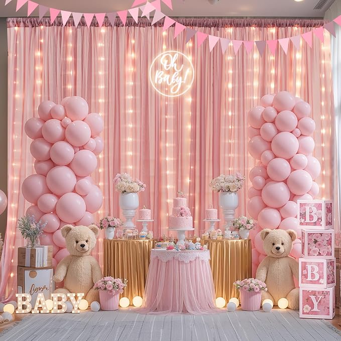 20ft x 10ft Dusty Rose Chiffon Backdrop Curtain with Lights String for Parties,4 Panels Sheer Tulle Curtain Wedding Backdrop for Baby Shower Birthday Party Ceremony Reception Home Decorations