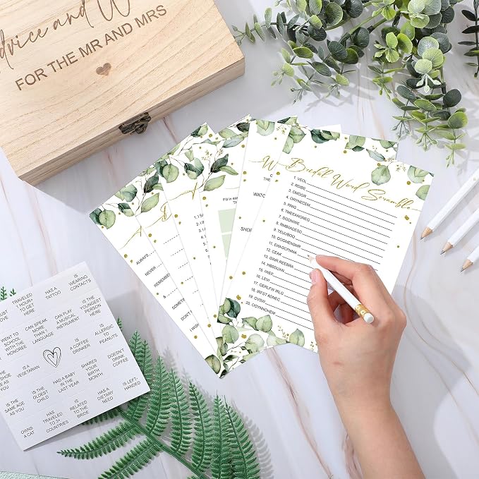 Silipull Bridal Shower Games Set for 50 Guests Includes Bingo, He Said She Said, Scramble, Would She Rather, Advice and Wishes Wedding Games Double Sided with Wooden Box, 20 Pencils (Greenery)