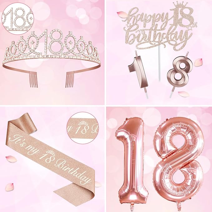 18th Birthday Decorations for Girls, Including 18th Birthday Sash and Tiara, Cake Topper and Candles, Number Balloons, 18 Year Old Gifts for Girls