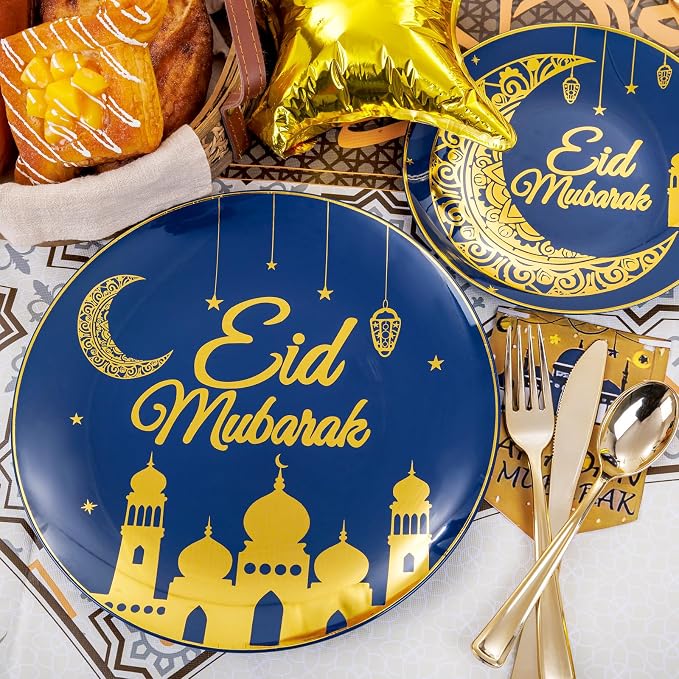 Nervure 125PCS Ramadan Plastic Plates - Eid Mubarak Plates - Blue Gold Plates Include 50 Plates 25 Spoons 25 Forks 25 Knives for Ramadan Mubarak Table Decorations Eid Al-fitr Party Favors