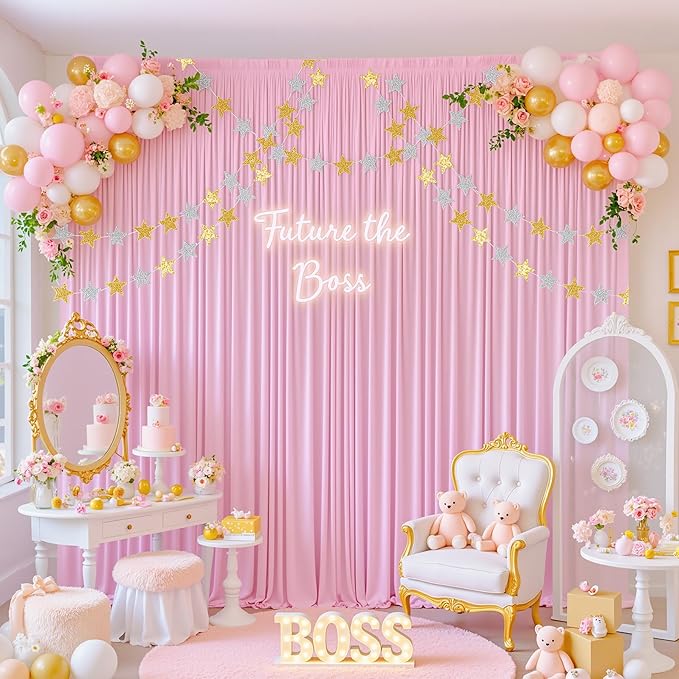 40x10ft Pink Backdrop Curtains for Parties Baby Shower Photo Wrinkle Free Pink Polyester Drapes Backdrop for Girls Birthday Party Gender Reveal Photoshoot Photography Background 8 Panels 5x10FT