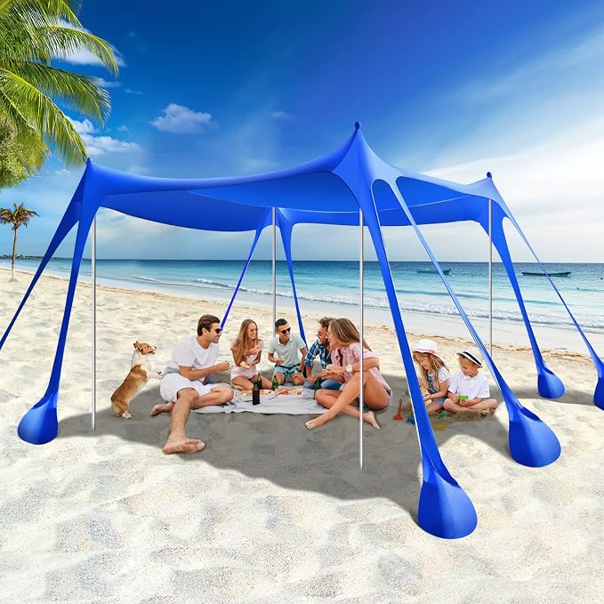 Rhino Valley Beach Tent, 10 x 10 FT Beach Shade UPF50+ Protection, BeachCanopy with 8 Sandbags 4 Stability Poles, Outdoor Beach Tent Sun Shelter Umbrella for Sand, Camping, Fishing Essentials, Indigo