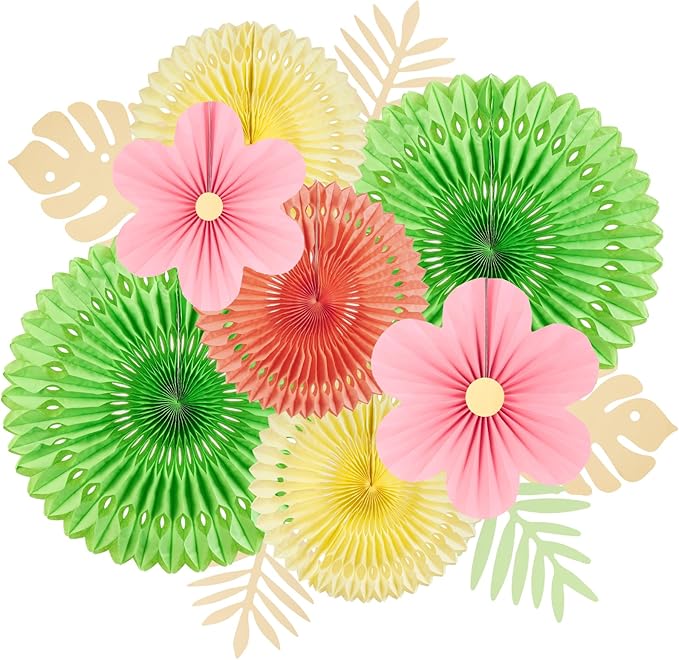 SUNBEAUTY Paper Flowers Pink and Green Party Decorations Hanging Fans Spring Summer Decor for Wall Wedding Backdrop Bridal Shower Birthday - 9Pcs