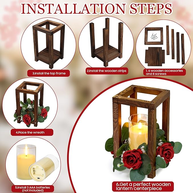 18 Pcs Wedding Wooden Lantern Centerpiece - Rustic Wooden Candle Lantern with Rose Candle Rings Wreaths LED Candles for Valentine Wedding Party Country Farmhouse Table Decor