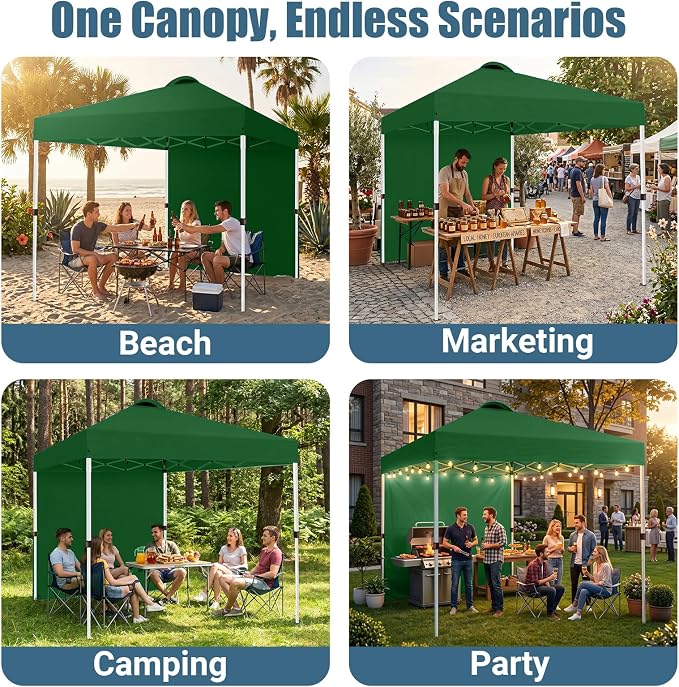 10x10 Pop Up Canopy Tent with One Sidewall, Instant Folding Outdoor Shelter with Air Vent, High Strength Steel Frame and Handheld Carry Bag for Backyard Party, Camping, Green