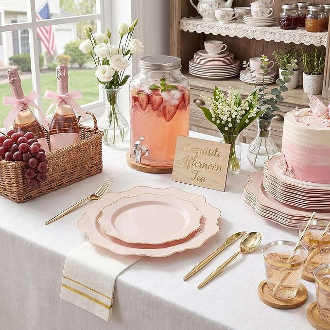 WDF 350Pcs Pink Plastic Plates - Pink and Gold Disposable Plates 50Guest Plastic Dinnerware for Baby Shower/Birthday/Wedding/Spring/Mother's Day