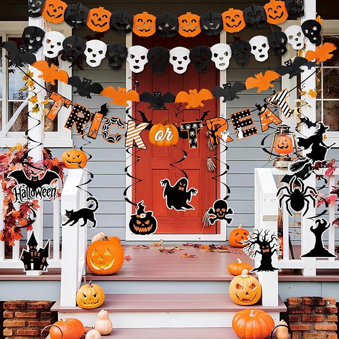 Halloween Party Decorations Happy Halloween Banner Kit Including Trick or Treat Sign Ghost Witches Hanging Swirl, Pumpkins Bats and Skull Head for Indoor Outdoor Decorations