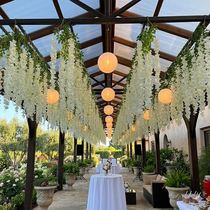 Artificial Wisteria Hanging Flowers Fake Wisteria Flower Garland Silk Vines Rattan Decor for Home Wedding Arch Wall Garden Greenery Bedroom Outdoor Office Party Decoration (48, White)