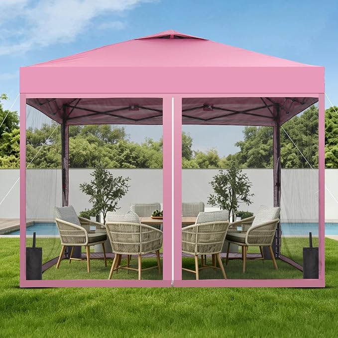 GDY 10x10 Pop-up Canopy Tent with 4-Mosquito Nettings, Outdoor Screen Gazebo with 4 Sandbags, 4 Ropes & 8 Stakes, 3-Level Height Adjustment for Patio, Camping, and Backyard, Pink