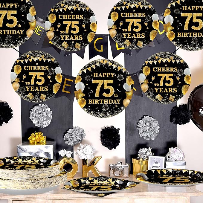Grencian 96PCS 75th Birthday Party Decorations 75th Birthday Plates and Napkins Disposable Paper Tableware Set for Men Women Cheers to 75 Years Old Party Supplies, Serves 24
