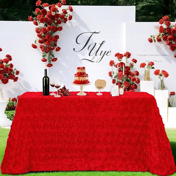 B-COOL Red Rosette Tablecloth 60x102 Inch 3D Floral Satin Table Overlay Valentines Wedding Table Cloth Red Flowers Table Fabric Celebration Birthday Rectangle Table Linen