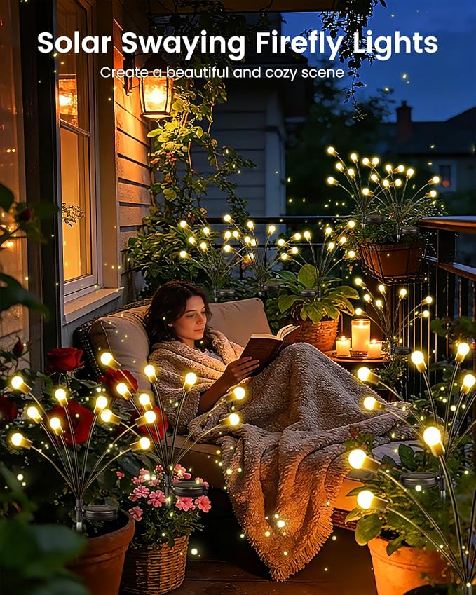 OZS 8 Pack Total 64 LED Solar Firefly Lights Fairy Outdoor - Solar Garden Lights Outdoor, Sway by Wind, Waterproof for Garden Patio Pathway Fairy Decor (Warm White)