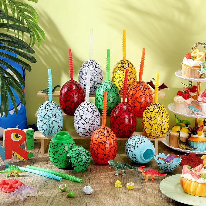 Maxcheck 24 Set Dinosaur Party Favor Cups with Lids and Straws Dino Cups for Kids 10 oz Crack Dinosaur Egg Bottles for Dino Theme Birthday Party Supplies Decorations