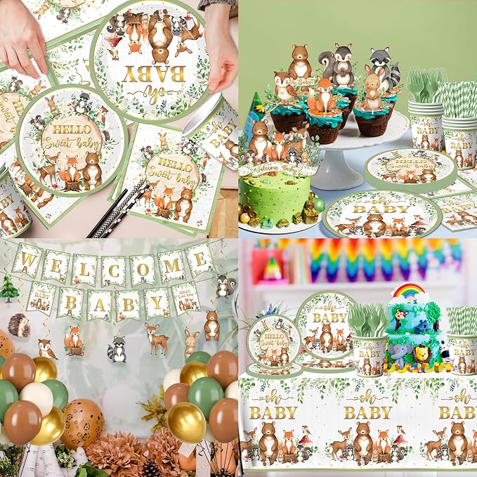Woodland Baby Shower Decorations,196pcs Woodland Baby Shower Plates and Napkins Cups Sage Forest Animals baby Shower Tablecloth Cake Toppers Balloons for Boy Babys Shower Decorations