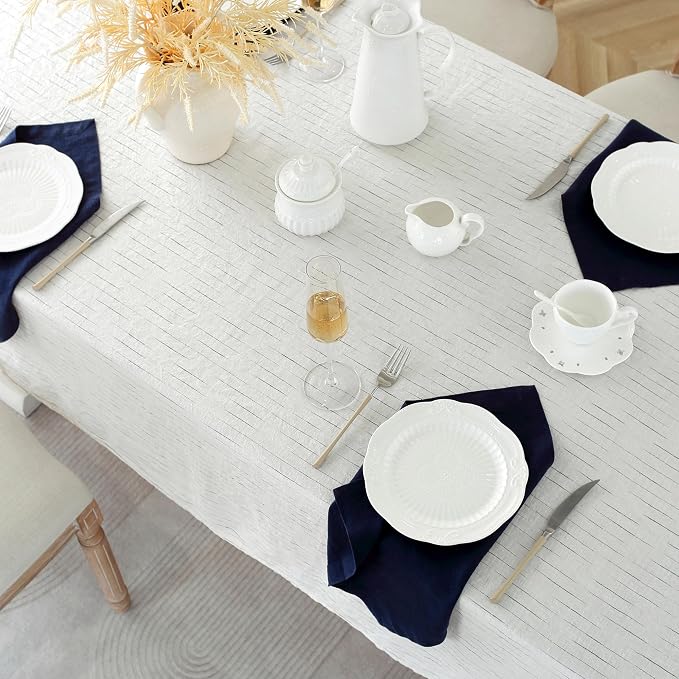 Linen World Stripe Linen Tablecloth,100% French Navy Pinstripe Table Cloth 108" x 60" Inch,Washable Rectangular Tablecloth for Dining,Outdoor,Weddings and Restaurants,Decorative Easter