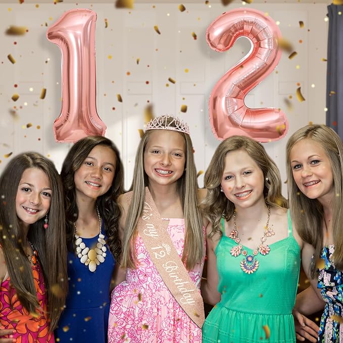 12th Birthday Decorations for Girls, Including 12th Birthday Sash and Tiara, Cake Topper and Candles, Number Balloons, 12 Year Old Gifts for Girls