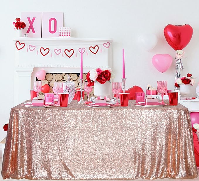 Juya Delight 60" x 102" Rose Gold Sequin Tablecloth Rectangle Sparkle Table Cover for Wedding Birthday Party Festival Ceremony Cake Dessert Table