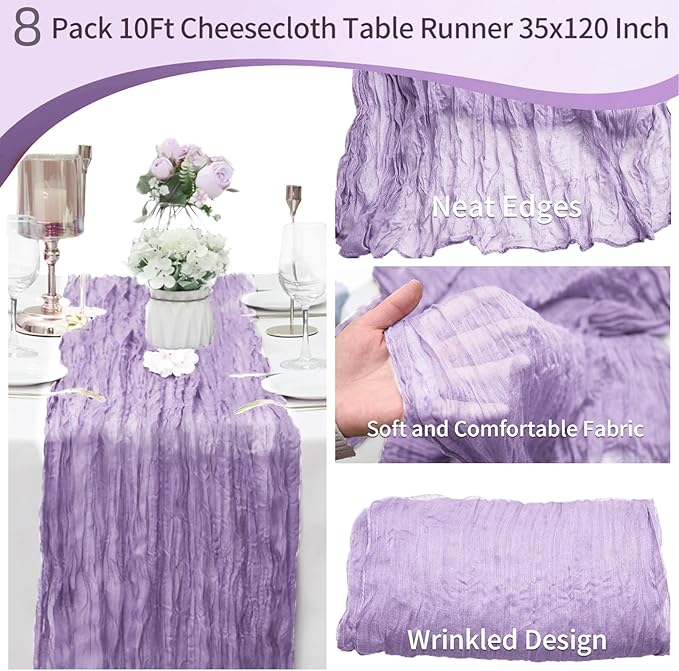 8 Pack Lavender Cheesecloth Table Runner 10Ft Gauze Cheese Cloth 35x120 Inch Boho Table Runner Romantic Table Cloth Long Table Cover for Wedding Banquet Birthday Party Bridal Baby Shower Table Decor
