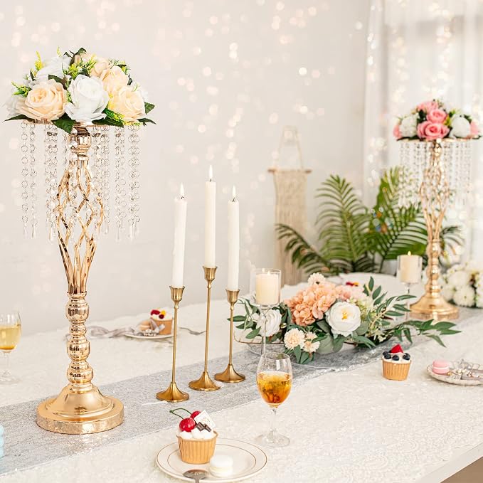 2pcs Gold Metal Flower Vases Crystal Flower Stand Wedding Centerpieces for Tables Party Dinner Event Restaurant Hotel Decoration