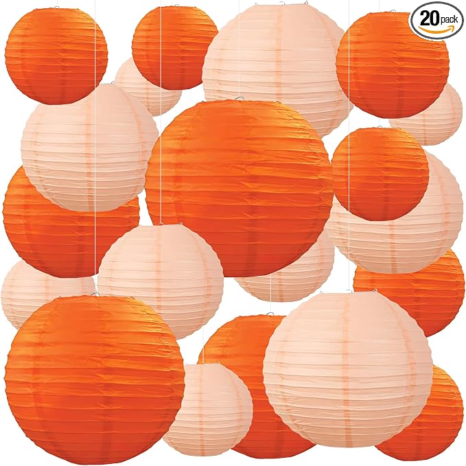 20Pcs Orange and Peach Paper Lanterns 6" 8" 10" Inches Round Hanging Paper Lanterns Decorations for Wedding Graduation Birthday Party Bridal Shower