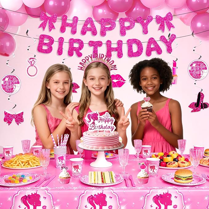 Pink Girls Birthday Party Decorations & Tableware Set | 257Pcs Serves 24 Guests, Includes Plates Cups Napkins Utensils Straws Tablecloth Cake Toppers Banner Hanging Swirls & Balloons (Pink Girls)